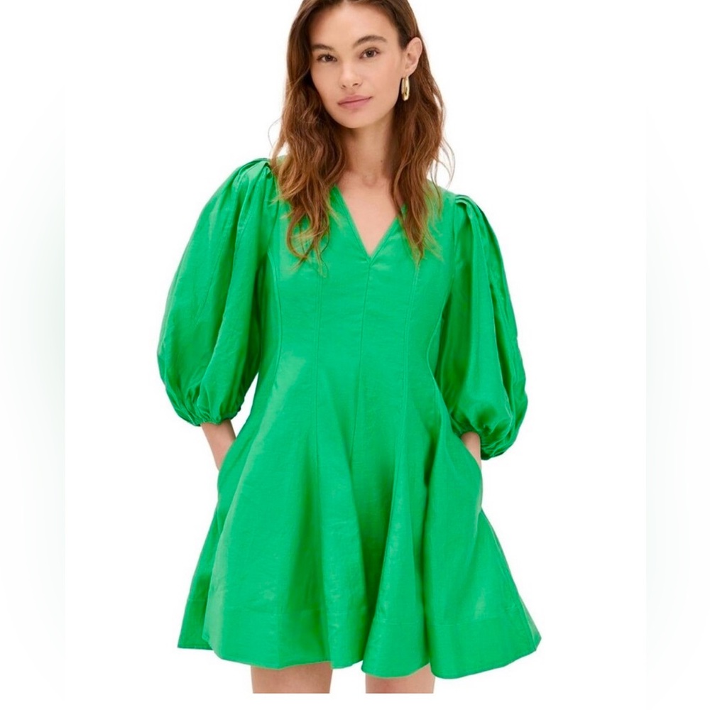 English Factory green puff sleeve flare mini dress. Size M, New w/tags. Flare